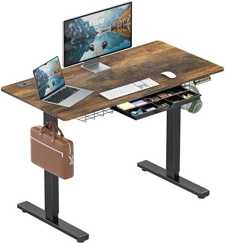 SHW 48-Inch Electric Height Adjustable Standing Desk w/Drawer, Rustic Brown by SHW