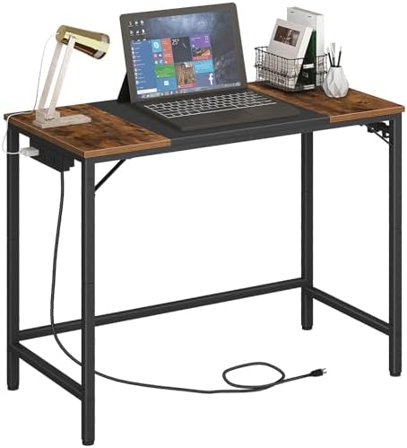 HOOBRO Computer Desk, 31.5 Inch Small Desk with Power Outlet, Writing Table with USB Charging Ports and 3 Hooks for Home Office, Study Room, Bedroom, Easy to Assemble, Rustic Brown and Black BF40UDN01 by HOOBRO