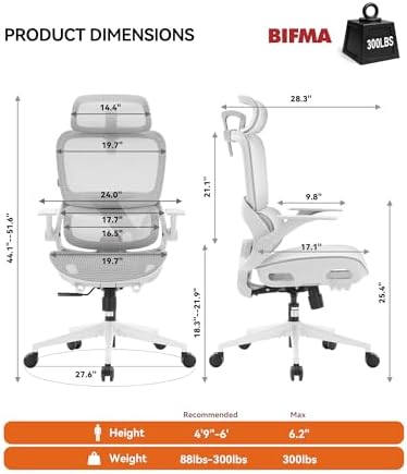 SIHOO B100 Office Chair, Comfy Ergonomic Office Chair, High Back Computer Chair with Adaptive Lumbar Support & wide Headrest, Flip-up Armrests, Swivel Desk Chair for Long Hours, WITHOUT Footrest, Grey - Image 3
