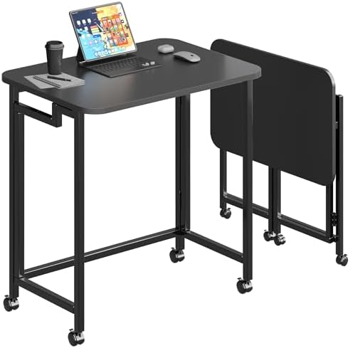 JSB Folding Desk for Small Spaces,Mobile Portable Rolling Laptop PC Table on Wheels,Foldable Computer Desk for Home Office,Bedroom,Dorm,Space Saving (All Black, 23.6") by HomeFurniture