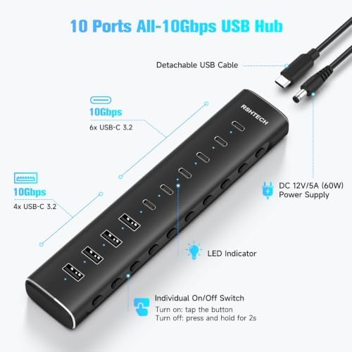 RSHTECH 10-Port Powered USB C 3.2 Hub 60W with 10Gbps USB 3.2 Ports(6C+4A) - Image 2