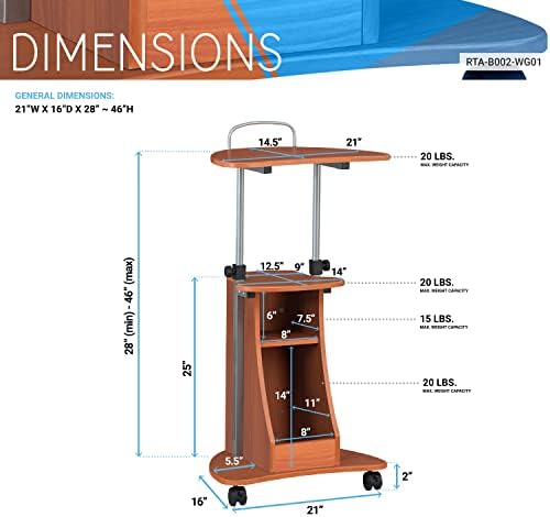 Techni Mobili Adjustable Height Rolling Laptop Cart with Storage, Woodgrain - Image 3
