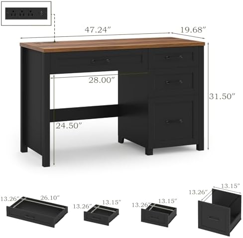 Farmhouse 47" Executive Desk, Computer Desk with File Drawer, Black Brown - Image 2