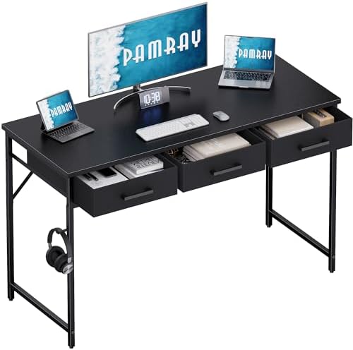 Pamray 47 Inch Small Computer Desk with 3 Drawers for Bedroom Study Writing Home Office Table for Small Spaces Black by PAMRAY