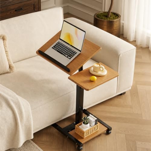 Laptop Desk Stand for Bed Portable Desk Overbed Bedside Mobile Laptop Table Rolling Foldable Table Adjustable Height with Locked Wheels & Mouse Pad for Office Sofa (Natural Color) by Unknown