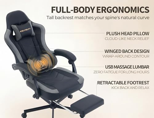 Office Desk Computer Gaming Chair for Adults, Ergonomic High Back Gamer Chair with Massage and Pocket Spring Cushion, Swivel Comfy Video Game Chairs with Footrest and Lumbar Support (Black Grey) - Image 5