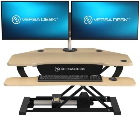 VERSADESK PowerPro 36 Inch Electric Corner Standing Desk Converter, Motorized Height Adjustable Sit-Stand Desk Riser, Dual Monitor & Laptop Workstation with Keyboard Tray, Maple by VERSADESK