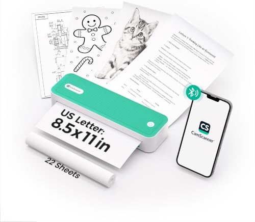 P1 Portable Inkless Printer, 203 DPI Wireless Thermal Printing for iPhone Android Laptop PC, Print US Letter Documents Receipts Anywhere, for Travel Remote Work Home Office School, Green by CamScanner