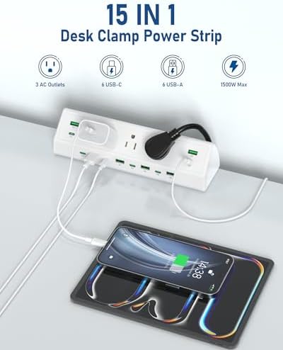 Jgstkcity 90W Desk Clamp Power Strip,12 USB Ports (6 PD 45W USB-C),Surge Protector,ETL Listed Power Hub Extension Cord,Fast Charging Station for Home Office Desk Edge Mount (White, 12 USB-90W) - Image 5