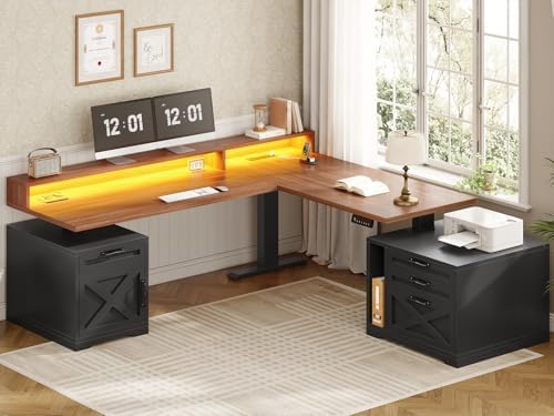 SEDETA Farmhouse L Shaped Standing Desk, 70.1" x 73.2" Height Adjustable Home Office Executive Desk with Drawers, Power Outlet, Monitor Stand, Sit Stand Table with Led Lights for Home Office, Black by SEDETA