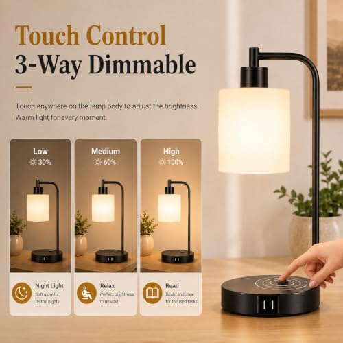 Set of 2 Industrial Touch Control Table Lamps with 2 USB Ports and AC Outlet - 3-Way Dimmable Black Bedside Lamp Nightstand Desk Lamps for Bedroom Living Room, Opal Glass Shade & 2 LED Bulbs Included - Image 4