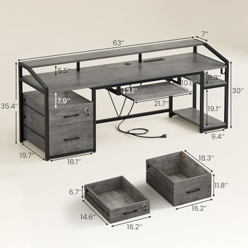 SEDETA 63" Computer Desk, Office Desk with Lockable Drawers for Legal/Letter File, Gaming Desk with LED Lights & Power Outlet, Home Office Desks with Storage, Grey - Image 2
