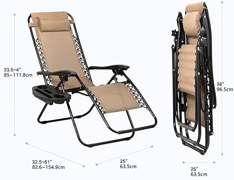 Nazhura Set of 2 Relaxing Recliners Patio Chairs Adjustable Steel Mesh Zero Gravity Lounge Chair Beach Chairs with Pillow and Cup Holder Khaki (Kahki) - Image 3