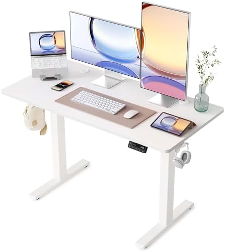 YIHAYO Electric Standing Desk, 48 x 24 Inches Stand Up Desk with Splice Board, Adjustable Height Desk, Computer Desk for Home Office, White Frame/White Top by YIHAYO