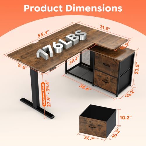 55″ Electric Standing Desk with Drawers, L-Shaped Vintage Brown Adjustable Height Corner Gaming Computer Desk for Home Office, Memory Preset, Stable Steel Frame, Power Outlet & USB-C Port - Image 3