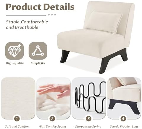 Upholstered Armless Accent Chair Set of 4,Modern Comfy Living Room Chairs with Wooden Legs& Pillows,Lounge Sofa Side Chair for Bedroom Farmhouse Reading (4 PCS, Beige) - Image 4