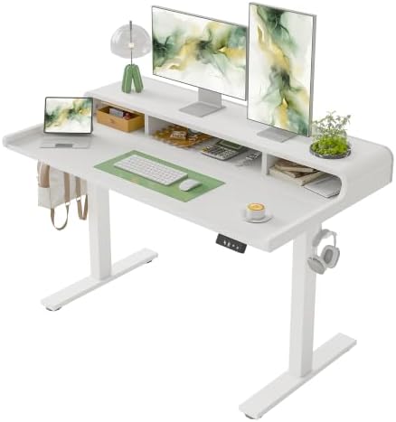 TIQLAB Standing Desk with Storage, 47"×24" Electric Adjustable Desk with Monitor Shelf for Home Office, Stand Up Desk for Study, Work, Writing, White by TIQLAB