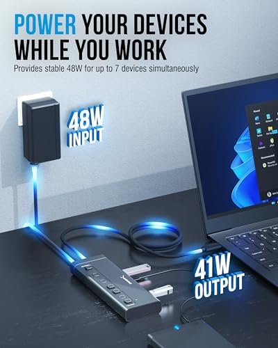 SABRENT 7-Port USB-C Hub, 48W Powered, 5Gbps, 3 USB-A + 4 USB-C (HB-3A4C) - Image 3
