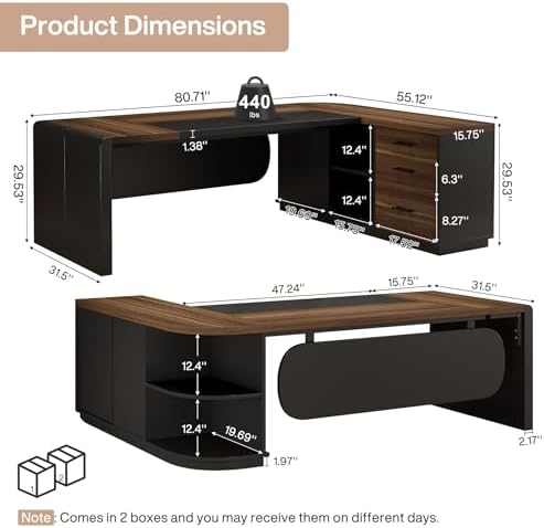 Tribesigns 80'' L-Shaped Desk, Large Executive Office Desk with 55'' Drawers Cabinet, Modern Commercial Office Table with Storage Shelves, Business Furniture for Home Office, Brown & Black - Image 2