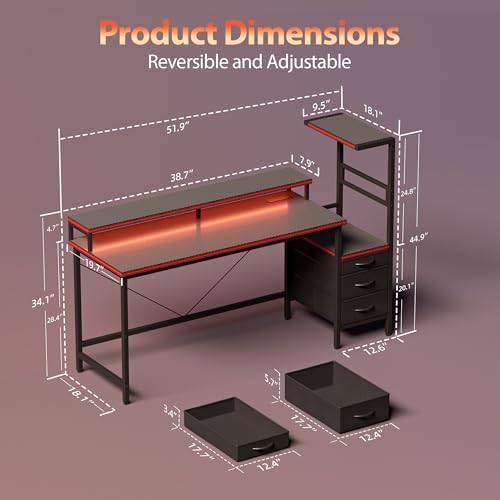 Mericonia 52 inch Gaming Desk with Drawers, Reversible Computer Desk, Black - Image 2