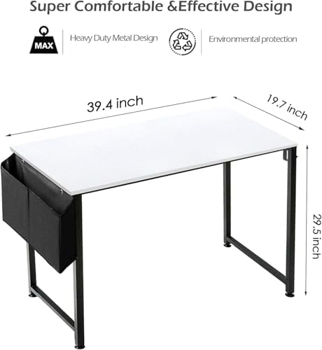 Lufeiya Computer Desk White Writing Table for Small Spaces Home Office 39 Inch Modern Study PC Desk with Storage Bag Hook, White Black - Image 3