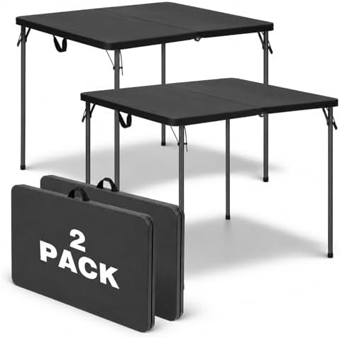 34" Square Folding Table for 4 Person, 330lbs Weight Capacity Foldable Table with HDPE Tabletop & Heavy-Duty Steel Legs, Large Portable Picnic Table for Indoor Outdoor Parties, Camping, Black, 2 Pack by GlowitLian
