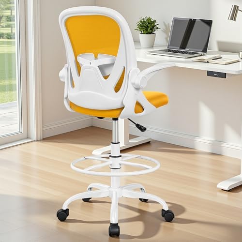 Primy Drafting Chair Tall Office Chair with Flip-up Armrests Executive Ergonomic Computer Standing Desk Chair with Lumbar Support and Adjustable Footrest Ring (Mustard) - Image 2