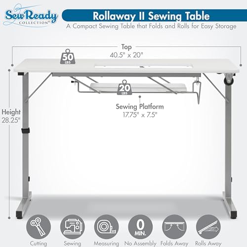 Sew Ready Portable Foldable Sewing Table, 40.5" Wide Top, Silver/White - Image 3