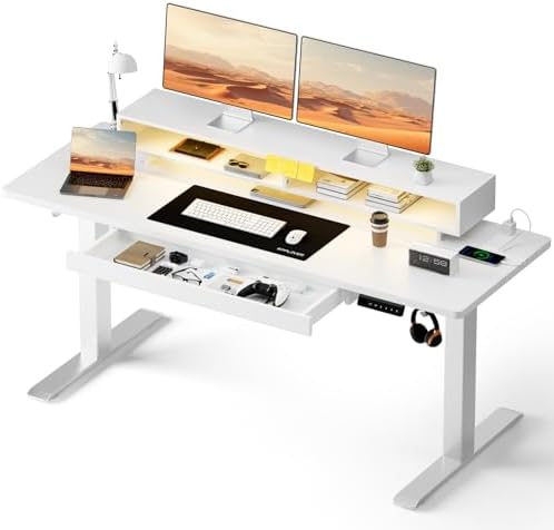 GTPLAYER Electric Standing Desk with Drawers, 55 x 24 Inch Height Adjustable Gaming Desk with Monitor Stand, Power Outlets & LED Lights, Home Office Sit Stand Up Desk with Memory Preset (White) by GTPLAYER