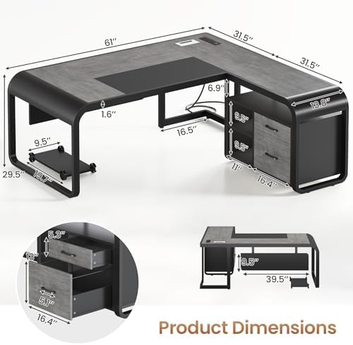 SEDETA 61" Executive L Shaped Desk with Drawer for Home Office,Grey - Image 2