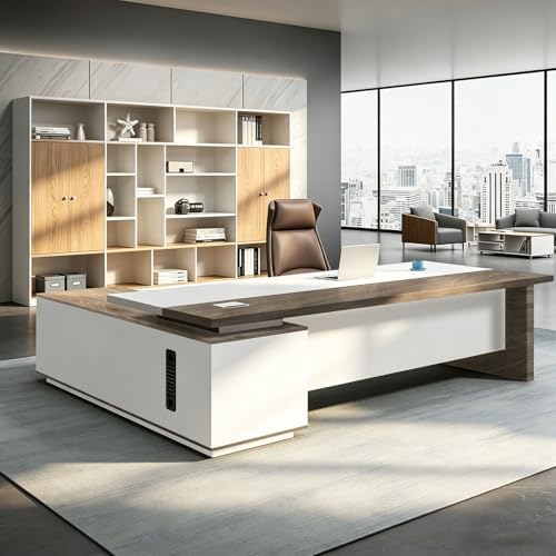 L Shaped Executive Desk with Drawers, Large Office Desk with Storage Cabinet, Wood L Shape Desk for Home Office or Business Workspace, Left or Right Cabinet Option, Multiple Sizes & Colors by Unknown