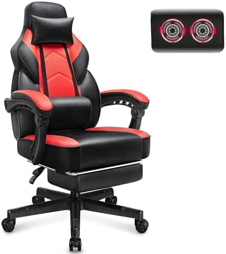 Gaming Chair with Footrest, Video Game Chair for Adults, Big and Tall Computer Chair with Massage Lumbar Support 330lb Weight Capacity, Ergonomic Adjustable Height and 360° Swivel Seat (Red) by Meilocar