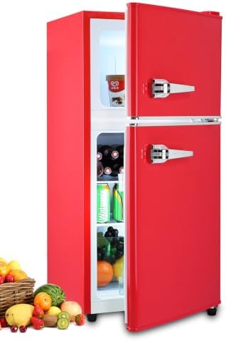 KRIB BLING 3.5 Cu.Ft Refrigerator with Freezer Double Door 7 Level Adjustable Thermostat for Dorm, Bar, Office,Kitchen, Apartment Red by KRIBBLING