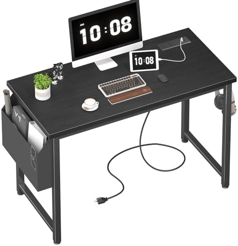 Lufeiya 39 inch Computer Desk with Power Outlet, 40 inch Teen Study Table Home Office Work Writing Desks with Charging Station Outlets Built in, Black by LUFEIYA