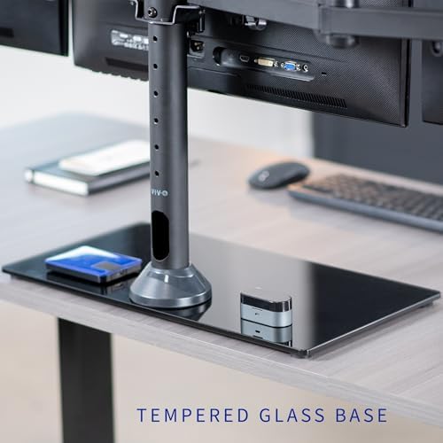 VIVO Black Triple Monitor Mount Freestanding Desk Stand with Glass Base, Heavy Duty Fully Adjustable Stand for 3 Screens up to 24 inches STAND-V003FG - Image 6