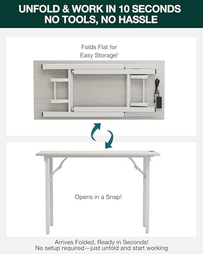 Frylr Small Folding Computer Desk – 43.3 Inch Portable Table for Craft and Study, Lightweight Desk for Small Spaces, Foldable Laptop Table Built-in AC/USB Outlets for Convenience, White Ash - Image 3