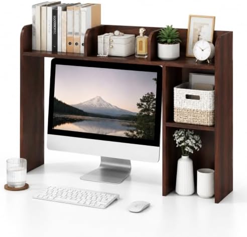 POWERSTONE 37" Desk Hutch with 5 Shelves, Desktop Bookshelf Walnut by POWERSTONE%C2%AE