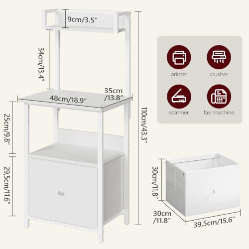 MAHANCRIS Printer Table with Storage, Home Printer Stand with File Cabinet, Fits A4/Letter Size Files, Printer Cabinet with Large Tabletop, Display Shelf, for Home Office, White PTWT3501 - Image 3