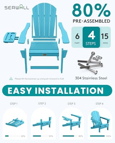 SERWALL Folding Adirondack Chair, 4 in 1 Cup Holder Wood Texture-Light Blue - Image 6