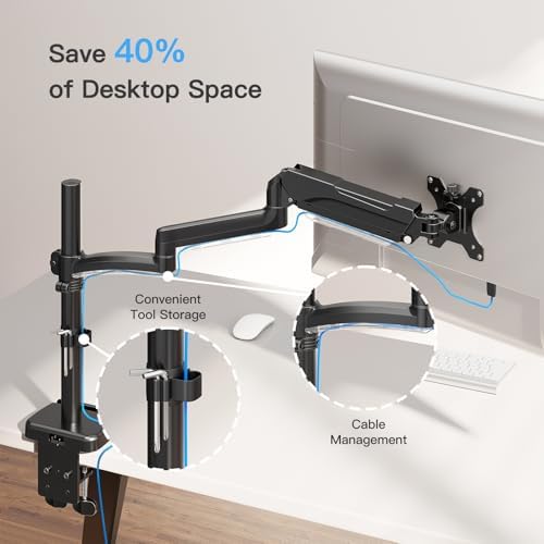 MOUNTUP 27 inch Extra Long Monitor Arm, Single Desk Mount for 22-32 inch, Tall Monitor Stand Holds 4.4-19.8lbs, Height Adjustable Monitors Stand for Desk with C-Clamp/Grommet Base, Black - Image 5