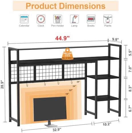 Snughome Desk Shelf, 44.9" Desktop Organizer Shelf, Desk Hutch for Computer Monitor, 4 Tier Desk Display Rack with Pegboard Hooks Set, Wood Desktop Bookshelf for Home Office Dorm - Image 3
