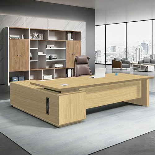 L Shaped Executive Desk with Drawers, Large Office Desk with Storage Cabinet, Wood L Shape Desk for Home Office or Business Workspace, Left or Right Cabinet Option, Multiple Sizes & Colors by Unknown