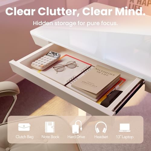 HUANUO Glass Standing Desk with Drawers, 40 X 24 Inch Electric Adjustable Height Desk, Quick Install One-Piece Tabletop with USB Charging Ports, White - Image 5
