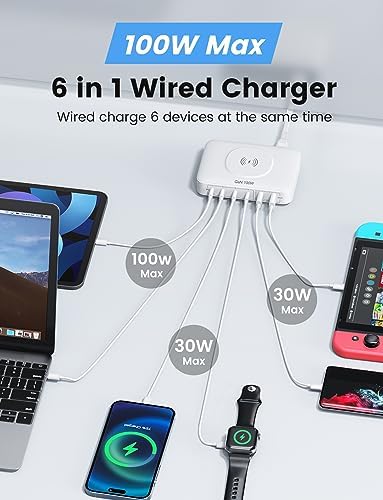 6-in-1 Desktop Charger - 100W USB with 15W Wireless, 2 USB A & 4 USB C Ports for iPhone, iPad, MacBook, Laptop, Samsung & Android Devices - Image 3