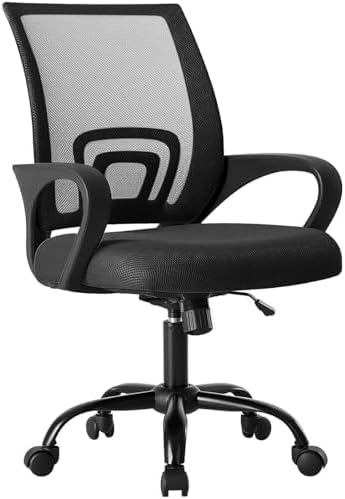 OLIXIS Office Desk Chair - Ergonomic Mid Back with Lumbar Support & Rocking Mode, Height Adjustable with Fixed Armrest, Storage Back for Computer, Gaming, Conference, Meeting, 360° Swivel, Black by OLIXIS