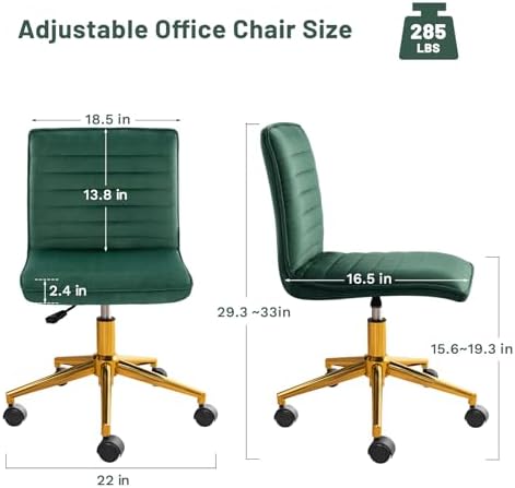 Furniliving Armless Vanity Chair with Wheels, Computer Rolling Desk Chair with Back Soft Velvet Fabic Height Adjustable Gold Metal Base Swivel Stool Chairs,DarkGreen - Image 2