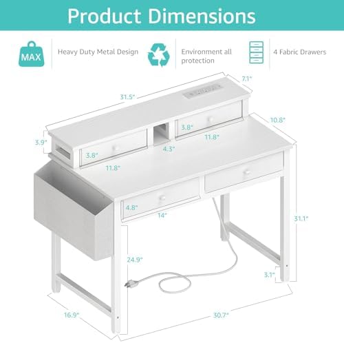 Lufeiya Small White Kids Desk with Fabric Drawers for Bedroom, 32 inch Vanity Makeup Desk with Drawers Storage for Home Office, Writing Study Table with Power Outlet & Monitor Stand, White - Image 3