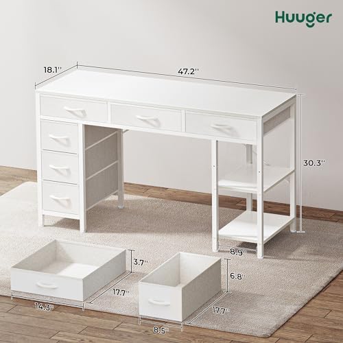 Huuger Computer Desk with 6 Drawers, Office Desk with Shelves, Reversible Gaming Desk, Corner Desk with Storage, Work for Home Office, Study, Living Room, 47inch, White - Image 3