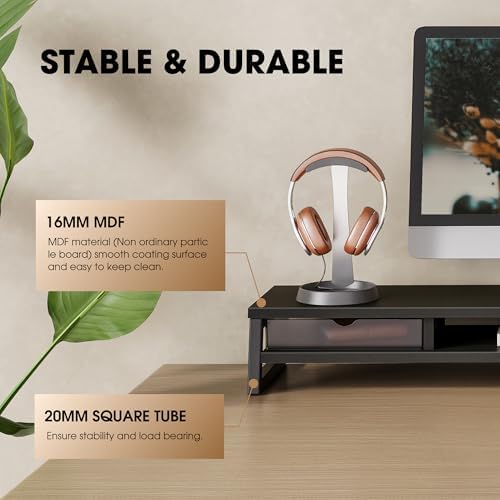 Fenge Dual Monitor Stand Riser, 42.5in Desk Shelf with 2 Drawers, Black - Image 4