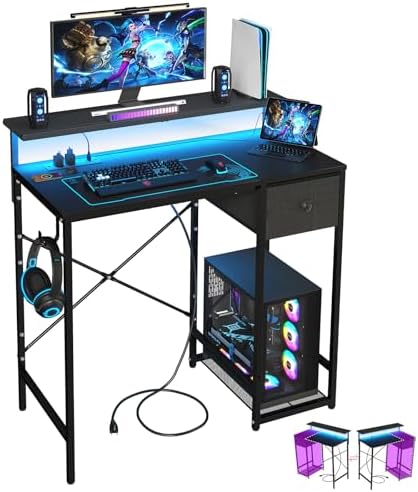 X-cosrack 33.5" Small Gaming Desk with LED Lights & Long Monitor Stand, Compact Computer Desk with Power Outlets & CPU Stand, Gamer Table with Storage Drawer for Home Office, Bedroom Corner, Black by X-cosrack